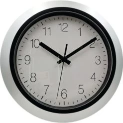Round Plastic Wall Clock 12 Inch, Silver, White Face, Black Dial