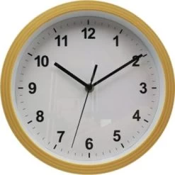 Round Plastic Wall Clock 10 Inch, Faux Wood, White Face, Black Dial