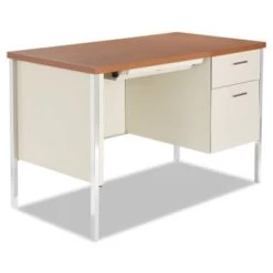 Alera® Single Pedestal Steel Desk, Metal Desk, Cherry/putty
