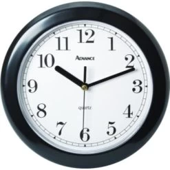 Geneva Clock Company Round Plastic Wall Clock 8 Inch, Black, White Face, Black Dial
