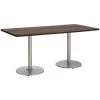 Kfi 36" X 72" Pedestal Table With Studio Teak Top, Brown Edge, Round Silver Ba