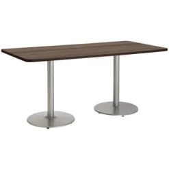 Kfi 36" X 72" Pedestal Table With Studio Teak Top, Brown Edge, Round Silver Ba